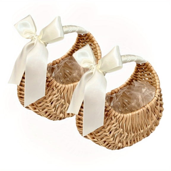 2 PCS Half Moon Rattan Flower Baskets - Wicker Willow Woven Basket with Handle & Ribbons, Wedding Party Decor Storage Basket