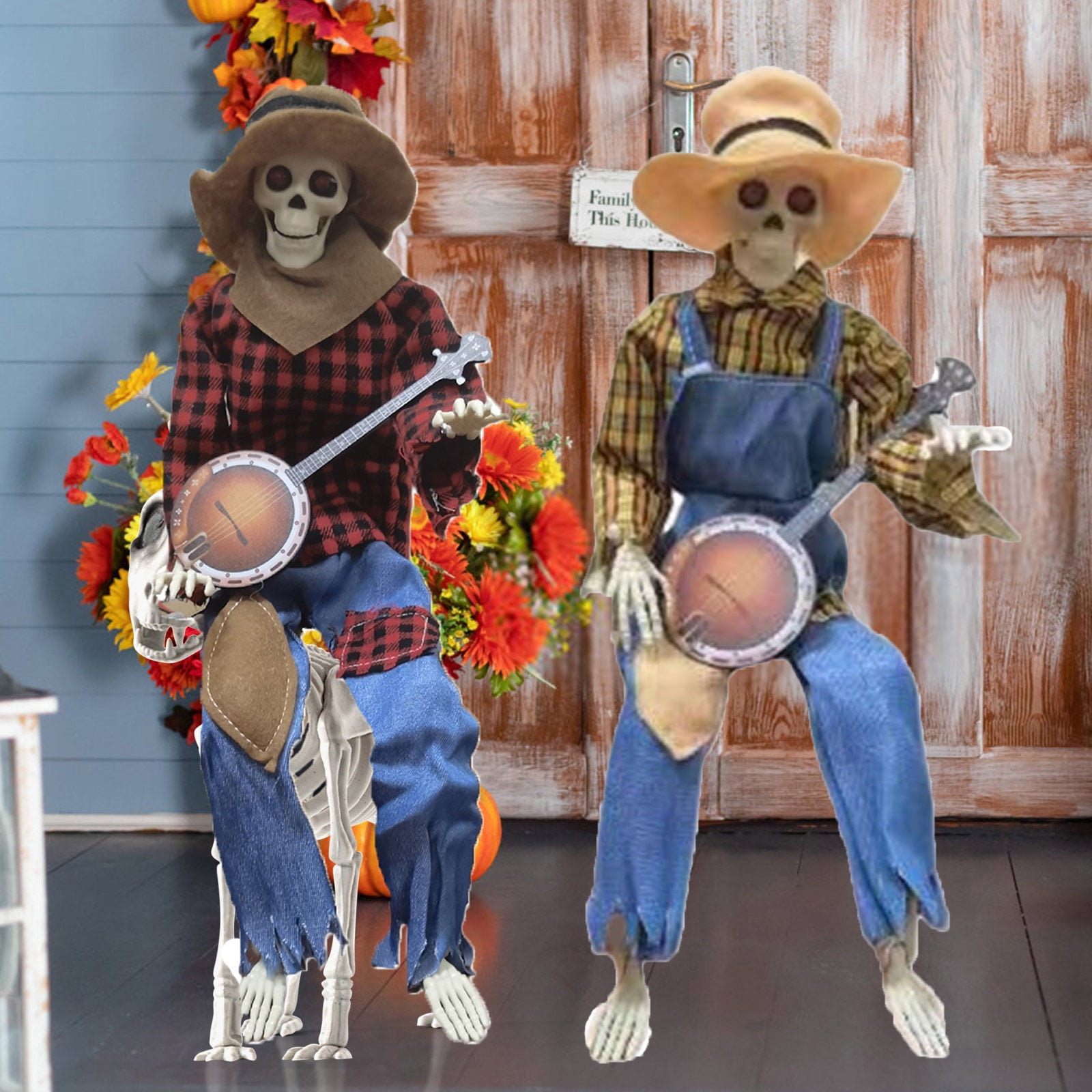 39" Animated Banjo-Playing Skeleton Scarecrow - Motion-Activated Fall/Halloween Decor With Glowing Eyes