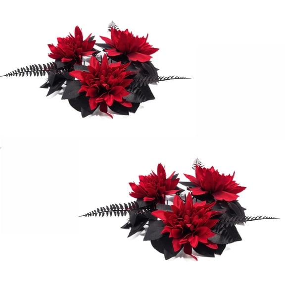 2 PCS Halloween Burgundy Rose Candle Rings 13.78in, Halloween Candle Wreath with Red Roses and Black Leaves, Halloween Table Decor for Gothic Centerpiece