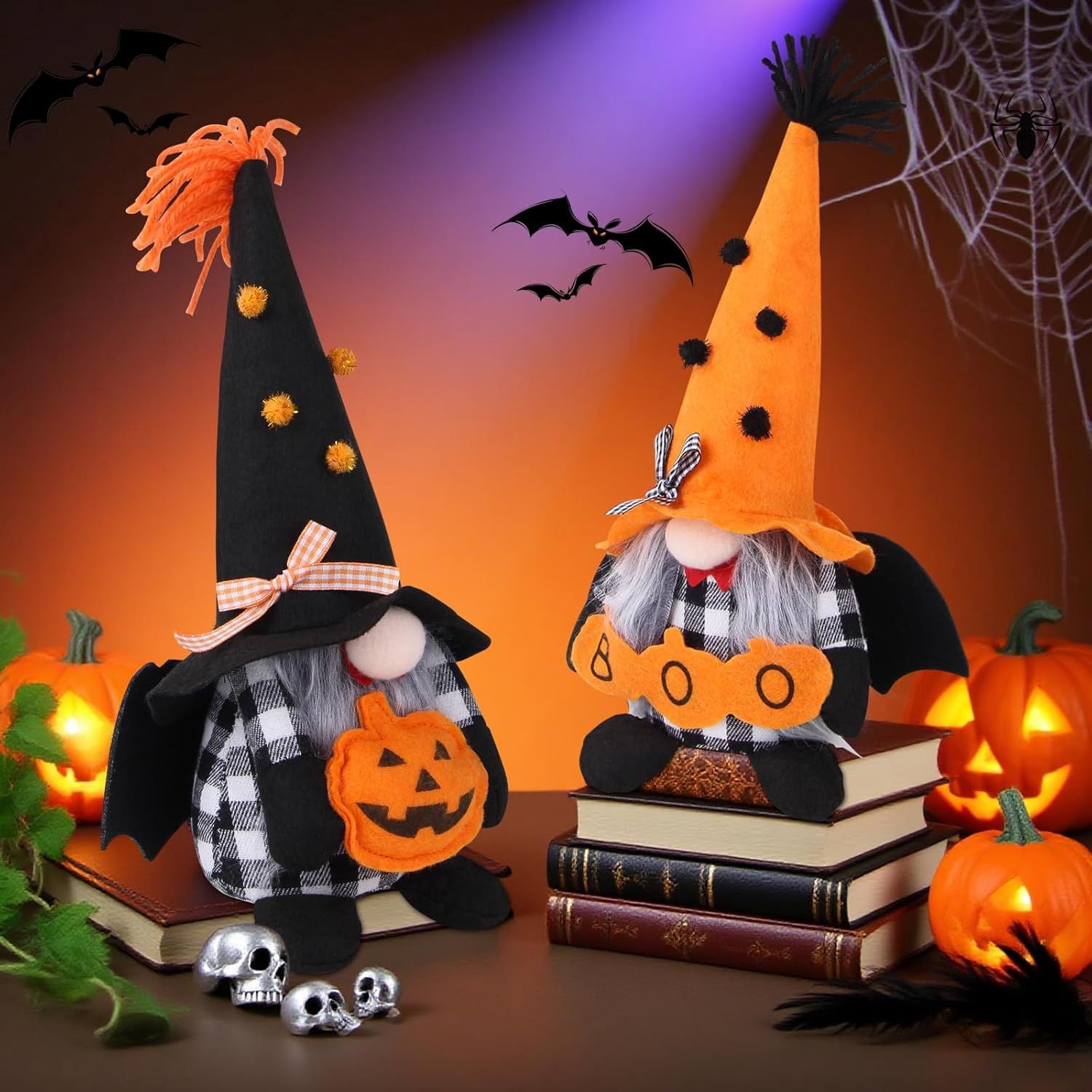 2 PCS Halloween Gnomes Plush Decor,Handmade Pumpkin Bat Ornaments Swedish Tomte Gnome Nisse Scandinavian Ornaments Elf Dwarf for Home Halloween Day Party Table Decorations
