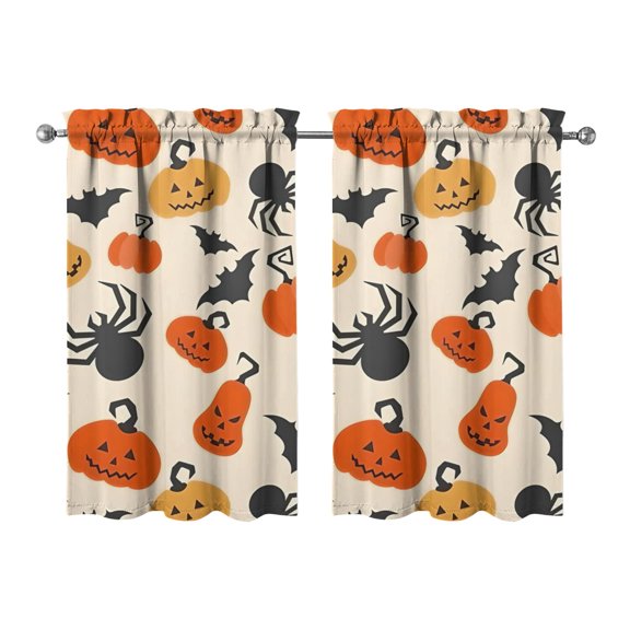 2 PCS Halloween Window Curtains Featuring Witch and Skeleton Pattern, Spooky Cute Gothic Kitchen Tier Panels 27.5x39in(70x99cm)Kitchen Curtains