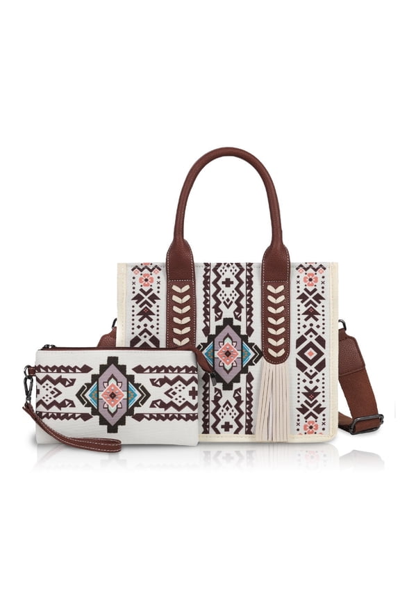 2 PCS Handbag set for Women National Style Canvas Tassel Tote Bag Shoulder Bag with Wrist Bag Zipper Pouch Caual Tote Bag Wallet Set