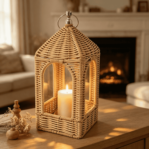 Handmade Rattan Candle Lantern, Boho Decorative Wicker Woven Lantern 11.8'', Farmhouse Hanging & Table Decor for Wedding Indoor Outdoor Patio Porch