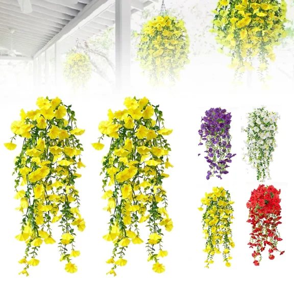 2 PCS Hanging Morning Glory Artificial Flowers,Upgraded Uv Resistant Artificial Silk Fake Flower Realistic Faux Plants,Suitable for Decoration Weddings,Gatherings,Courtyards,Porches,Balconies