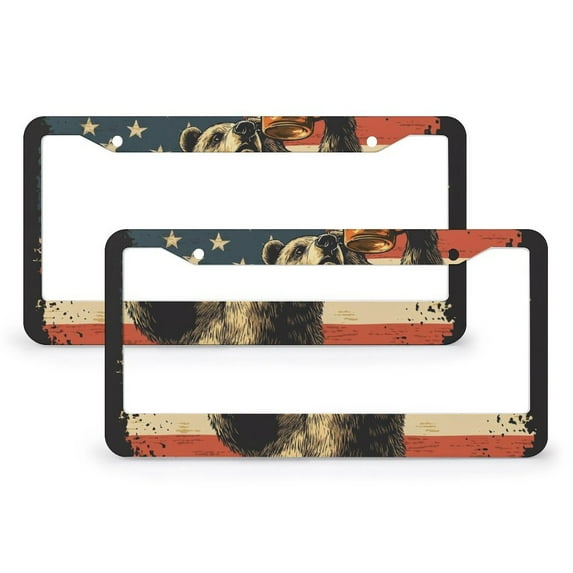 2 PCS Happy Camper Bear with American Flag License Plate Frames American Flag Customized Decor Car Tag Stainless Aluminum 2 Round Holes for Women Men US Vehicles Standard