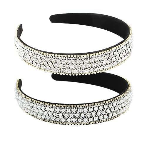 2 PCS Headbands for Women Rhinestone Headband Pearl Head band Glitter Crystal Headband Fashion Jeweled Headbands for Girls Gorgeous Hair Accessories for Women Silver White