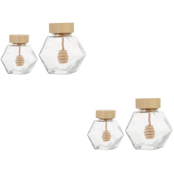 2 PCS Hexagon Honey Glass Bottle Wooden Lid Airtight Jar Honeypot