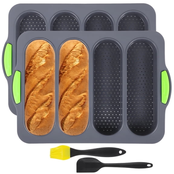 2 Pcs Silicone Bread Loaf Pans - High-Temperature Resistant 4-Cavity Bread Molds, Non-Stick Loaf Pan Baking Tools, 13.2" x 9.3" Bread Pans with Handles for Homemade Bread, French Baguette