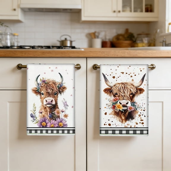 2 PCS Highland Cow Kitchen Towels, Absorbent Highland Cattle Dish Towels, 24 X 16 Inch Highland Cow Gifts Hand Towel for Farmhouse Kitchen Bathroom Decor