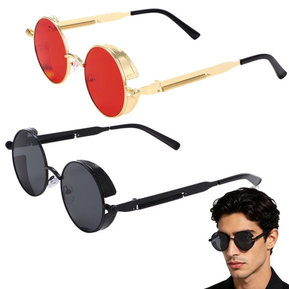 2 Pairs Steampunk Sunglasses, Retro Round Metal Frame Eyewear for Men Women Daily Outdoor Wear, Black Gold Shades
