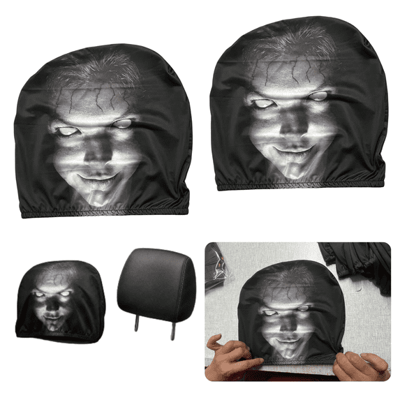 2 PCS Horror Face Car Headrest Covers, Double Sided Printed Spooky Scary Headrest Covers for Cars, Stretch Polyester Funny Cartoon Headrest Protector, Universal Automotive Head Rest Decor Accessory