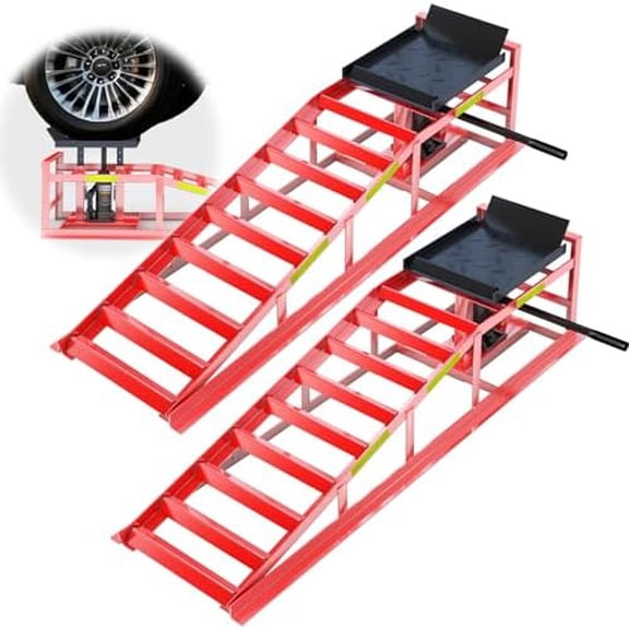 2 PCS Hydraulic Car Ramp, 5T/11000 LBS Heavy-Duty Car Ramp, Hydraulic Oil Change ramp with Built-in high Visibility Reflective Strip, Adjustable Lifting Height of 9.8-15 in Garage Car Ramp,Red$$Other