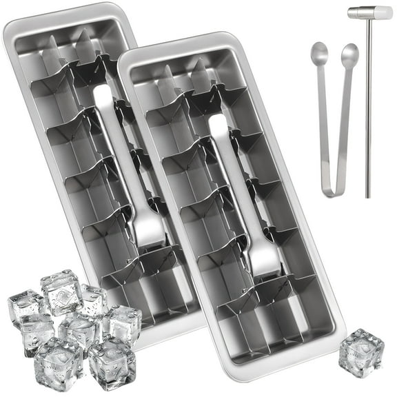 2 PCS Ice Cube Trays Set with Ice Tongs and Hammers, Quick Release Ice Trays with Handle, Stainless Steel Ice Trays for Freezer, Quality Metal Ice Mold for Home Kitchen