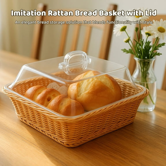Bread Storage Container for Kitchen Counter, 2 Pcs Square Wicker Bread Baskets with Lids, Food Storage Organizer for Fruit, Vegetable and Snack, Tabletop Food Serving Basket for Restaurant Hotel