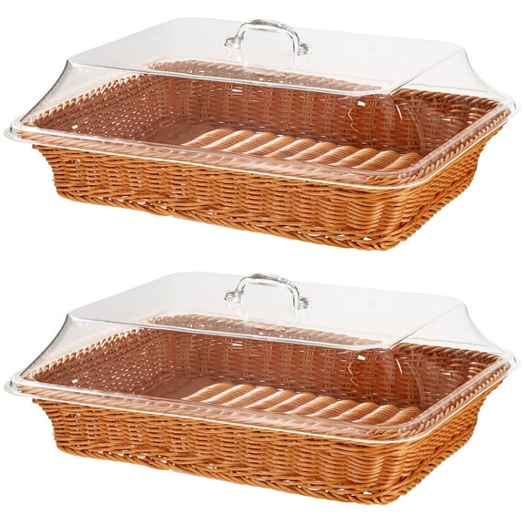 2 PCS Imitation Rattan Bread Baskets, 15.8 x 11.8 in Large Wicker Bread Baskets with Acrylic Lids, Rattan Food Serving Tray for Kitchens, Dining Tables, Restaurants