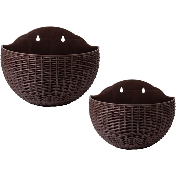 2 PCS Imitation Rattan Wall Hanging Planter,Semicircle Plastic Plant Baskets Container Flower Pot with Drainage and Hooks for Balcony Fence Wall Indoor Outdoor Home Office Decoration Gift