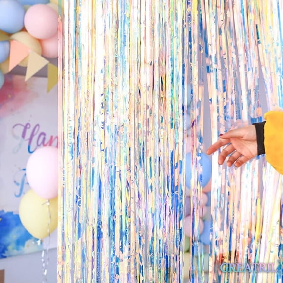 2 PCS Iridescent Party Streamers Backdrop Curtain, Neon Transparent Holographic Tinsel Foil Fringe Photo Booth Background Decor for Mermaid Frozen Sea Euphoria ERAS Theme, 3.2ft x 6.5ft