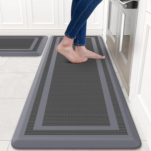 [2 PCS Kitchen Rugs Cushioned Anti-Fatigue Kitchen Mats for Floor Waterproof Kitchen Rug Set Non-Slip Comfort Standing Mat for Office, Sink, Laundry 17.3"×29"+17.3"×47", Grey