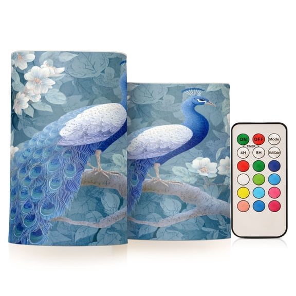 2 PCS LED Flicker Flameless Candle with Remote Control Realistic 3D Wick LED Window Decoration Candle Set for Wedding Table Home Decor Favors Beautiful Blue Peacock