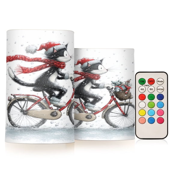 2 PCS LED Flicker Flameless Candle with Remote Control Realistic 3D Wick LED Window Decoration Candle Set for Wedding Table Home Decor Favors Black Cat Riding A Bicycle
