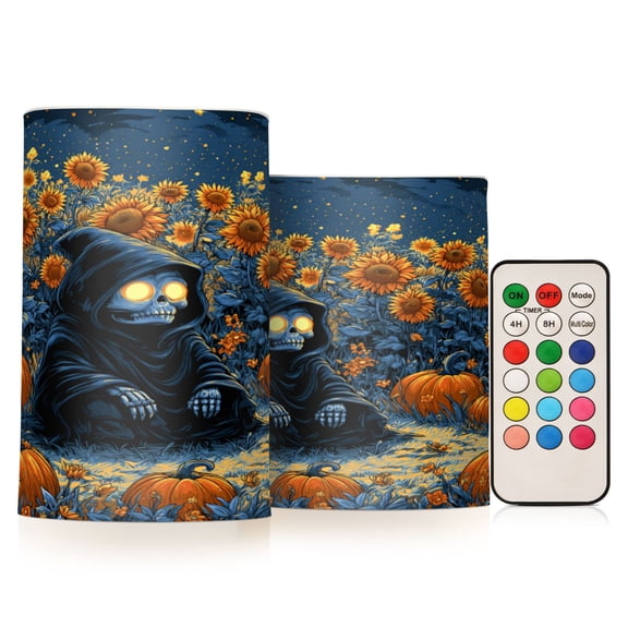 2 PCS LED Flicker Flameless Candle with Remote Control Realistic 3D Wick LED Window Decoration Candle Set for Wedding Table Home Decor Favors Black-robed Skeleton