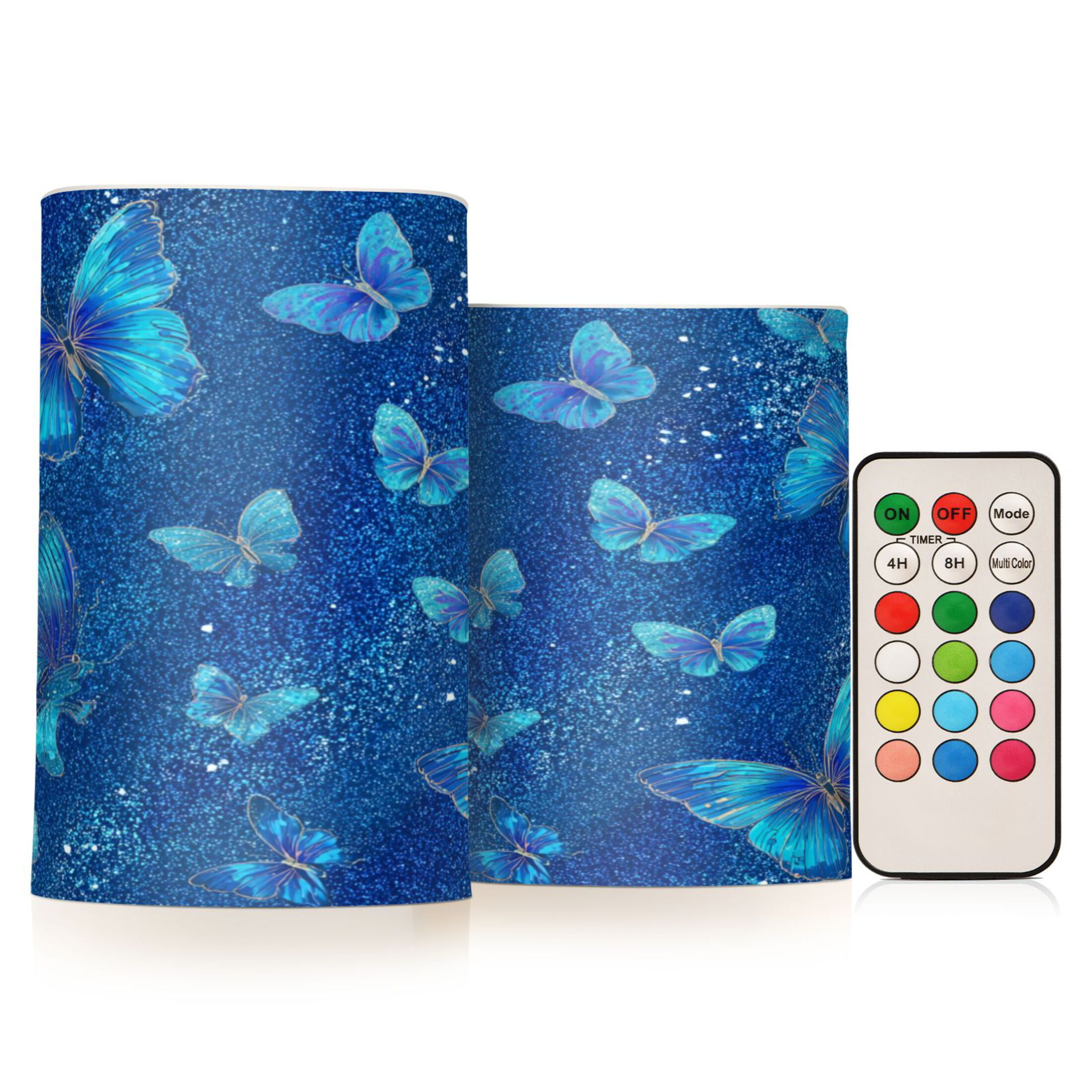 2 PCS LED Flicker Flameless Candle with Remote Control Realistic 3D Wick LED Window Decoration Candle Set for Wedding Table Home Decor Favors Blue Glitter Butterfly