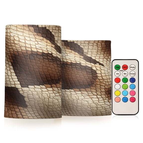2 PCS LED Flicker Flameless Candle with Remote Control Realistic 3D Wick LED Window Decoration Candle Set for Wedding Table Home Decor Favors Brown Snake Skin Pattern