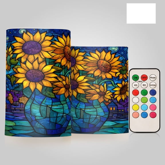 2 PCS LED Flicker Flameless Candle with Remote Control Realistic 3D Wick LED Window Decoration Candle Set for Wedding Table Home Decor Favors Celestial Stained Sunflowers