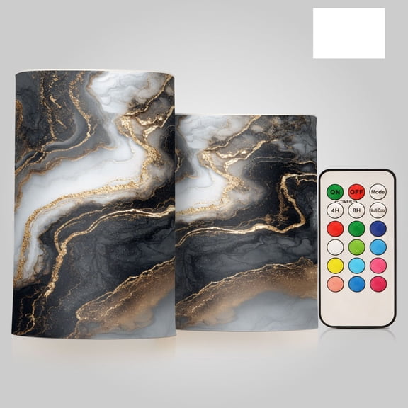 2 PCS LED Flicker Flameless Candle with Remote Control Realistic 3D Wick LED Window Decoration Candle Set for Wedding Table Home Decor Favors Gilded Black Marble Fluid Art
