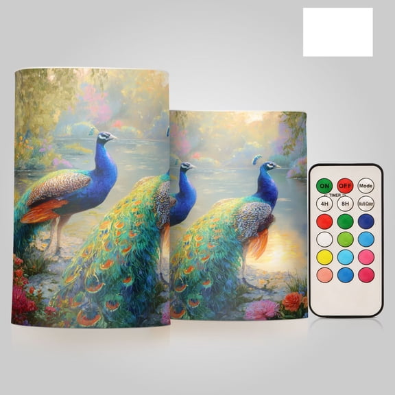 2 PCS LED Flicker Flameless Candle with Remote Control Realistic 3D Wick LED Window Decoration Candle Set for Wedding Table Home Decor Favors Peacocks in Wonderland