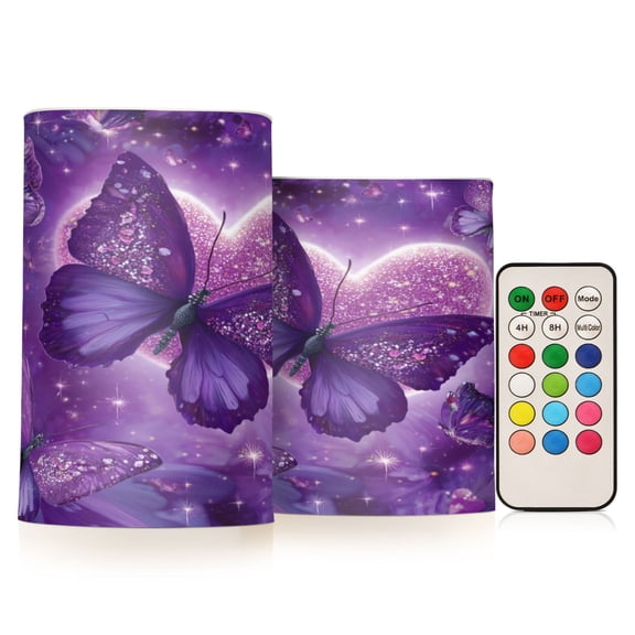 2 PCS LED Flicker Flameless Candle with Remote Control Realistic 3D Wick LED Window Decoration Candle Set for Wedding Table Home Decor Favors Purple Diamond Butterfly