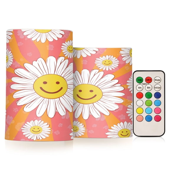 2 PCS LED Flicker Flameless Candle with Remote Control Realistic 3D Wick LED Window Decoration Candle Set for Wedding Table Home Decor Favors Smiley Face on Orange Background