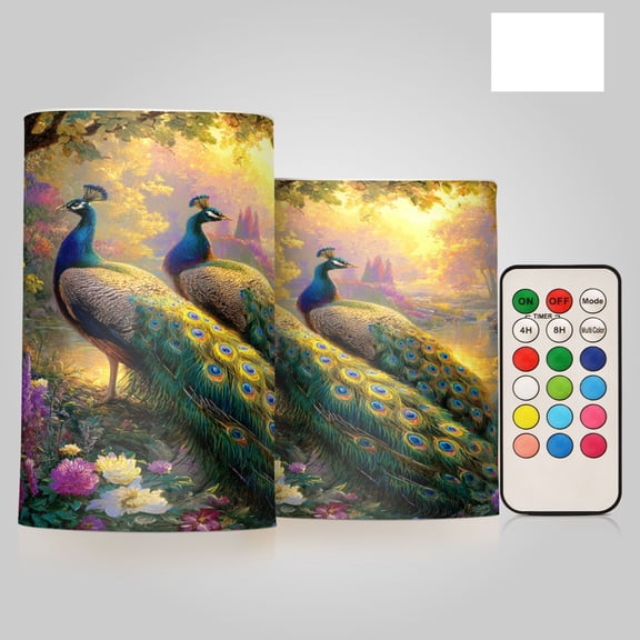 2 PCS LED Flicker Flameless Candle with Remote Control Realistic 3D Wick LED Window Decoration Candle Set for Wedding Table Home Decor Favors Two Beautiful Peacocks