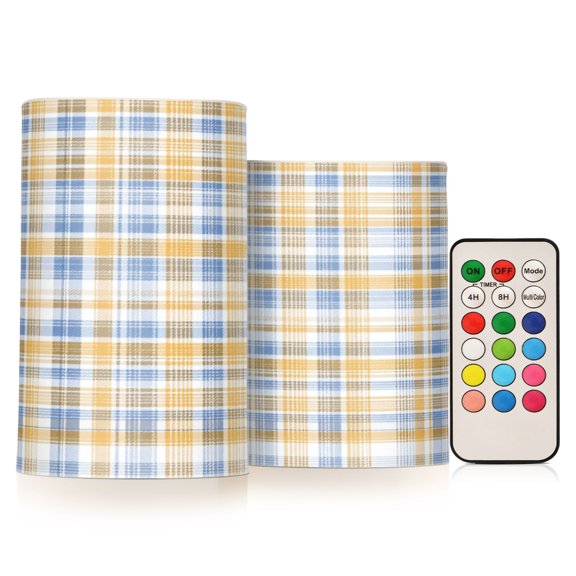 2 PCS LED Flicker Flameless Candle with Remote Control Realistic 3D Wick LED Window Decoration Candle Set for Wedding Table Home Decor Favors Yellow and Blue Tartan