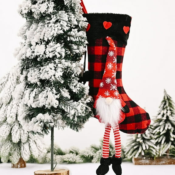 2 PCS Large Christmas Stockings Christmas Decorations for Tree,3D Plush Hanging Stockings with Long Legs,Plaid Xmas Character Hanging Socks for Xmas Party Home Fireplace Decor Family Friend Gift