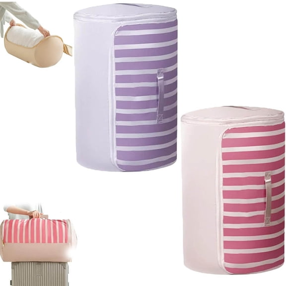 2 PCS Large Cylindrical Roll-Up Quilt Storage Bag with Zipper and Reinforced Handles, Self-Compression Organizer, Large-Capacity Oxford Cloth Comforter Storage Sack for Closet