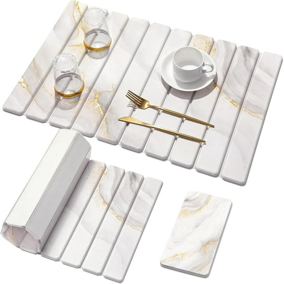 2 PCS|Large Stone Dish Drying Mat for Kitchen Counter,Quick Dry Stone Dishes Mats,Marbled Water Absorbing Diatomaceous Earth Drying Pad for Countertop Bottles Utensils , White Gold 24"×16" & 8"x4"