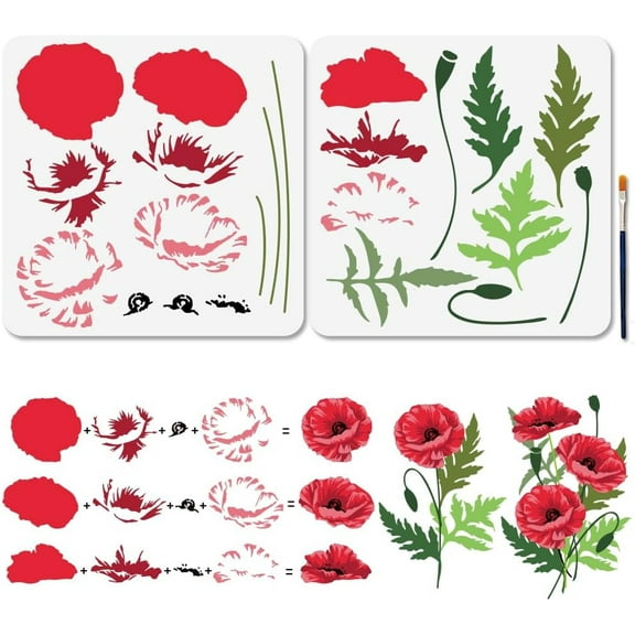 2 PCS Layered Poppy Flower Stencils 11.8×11.8 Inches Flower Bouquet Reusable Drawing Template Coquelicot Wildflower Plant with Paint Brush for Wood Furniture Wall Fabric DIY Scrapbook Album