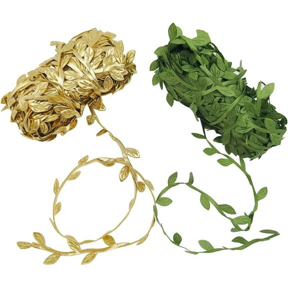 2 PCS Leaf Ribbons 43.7 Yard, lyfLux Leaves Leaf Ribbon Trim Rope, for Garland DIY Crafts Party Wedding Home Wall Garden Decorations (Gold+Green)