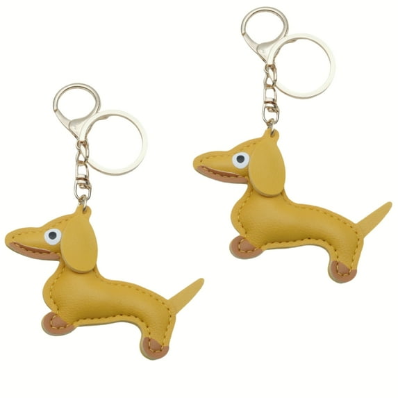 2 PCS Leather Dachshund Keychain, Dachshund Keychain Bag Pendant Key Chain Cute Puppy Dog Charm Gifts, Yellow