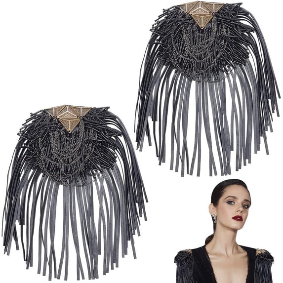 2 PCS Leather Tassel Shoulder Epaulet Punk Leather Beads Chain Shoulder Board Brooch Badge Crystal Epaulet Fringe Shoulder Badge Rhinestone Applique Dance Punk Costume