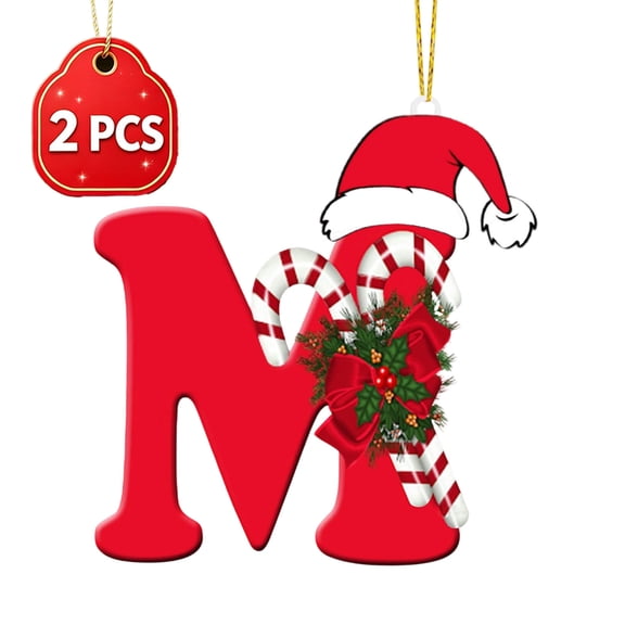 2 PCS Letter M Christmas Initial Ornaments, Personalized DIY Christmas Tree Pendant, Red Acrylic Monogram Letter Xmas Hanging Decorations, Indoor Outdoor Holiday Party Decor Gifts