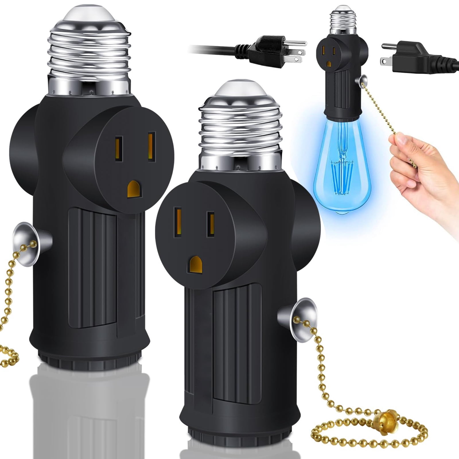 Plug In Socket Adapter 2 PCS Light Socket to Plug Adapter, Both Sides Sockets Support 3 Prong ...