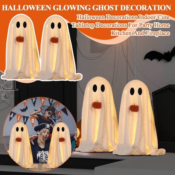 2 PCS Lighted Ghost Halloween Decorations, 20.5 in Sherpa Fleece Glowing Ghost Figurines, Halloween Decor for Table Porch Mantel
