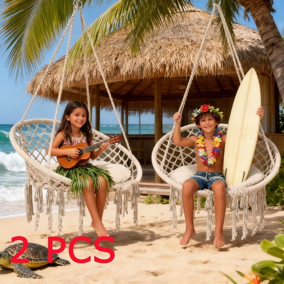 2 PCS Macrame Hanging Swing Chairs, Swing Chair Hanging Cotton Rope Swing Chair with Hardware Kit, Hanging Chair for Deck, Balcony, Bedroom