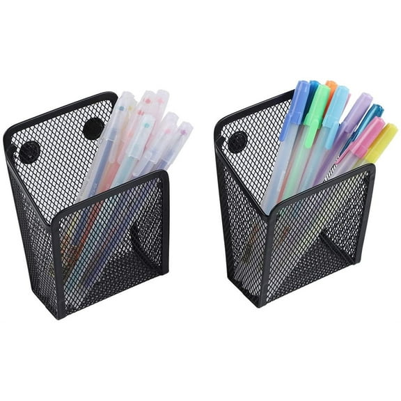 2 PCS Magnetic Pencil Holder, Casewin Mesh Pen Holder, Magnetic Hanging Storage Black Wire Mesh Pencil Holder, Metal Mesh Office Organizers for Pens, Desk Whiteboard, Home Supply Organizer (Black)