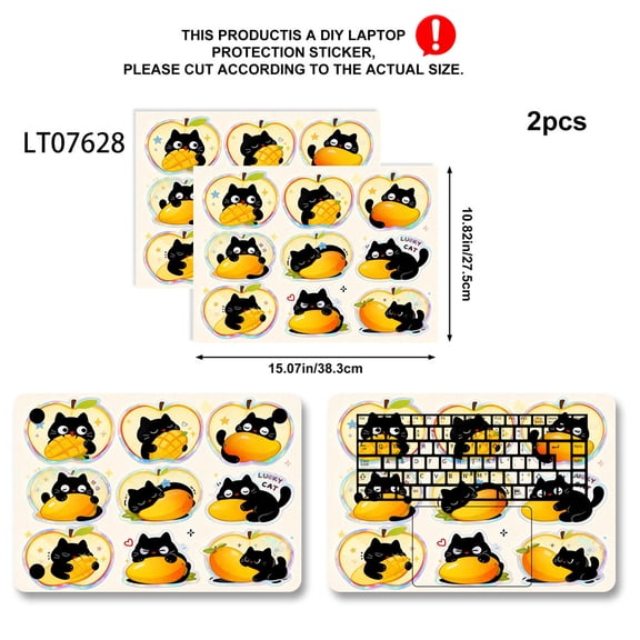 2-PCS Mango Black Cat Laptop Skin Stickers, 27.5x38.3cm PVC Material, Cut-to-Fit, Scratch-Resistant & Residue-Free, Universal Fit for 13-17 Inch MacBook, Dell, HP & More