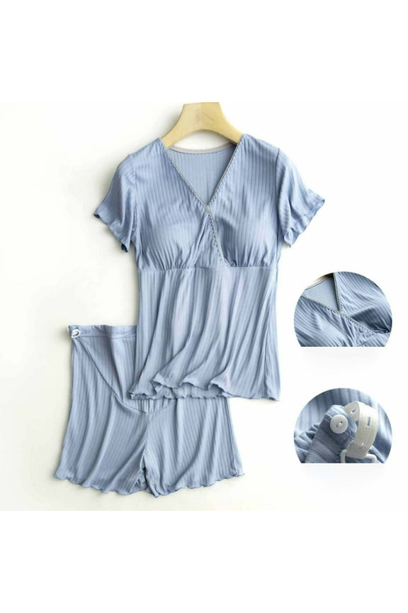 2 PCS Maternity Nursing Pajamas Set Postpartum Breastfeeding Short Sleeve Shirts, Pregnancy Blouse & Pants Pjs Blue XXL
