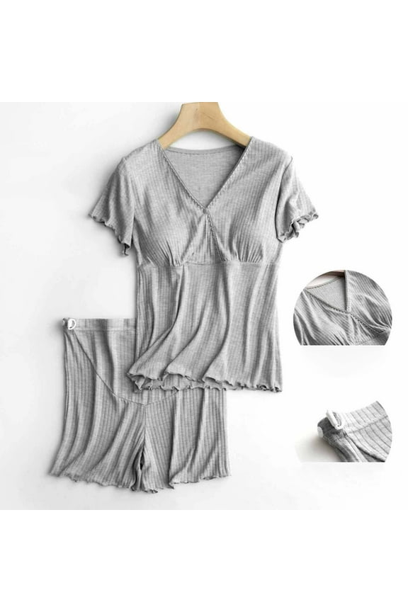 2 PCS Maternity Nursing Pajamas Set Postpartum Breastfeeding Short Sleeve Shirts, Pregnancy Blouse & Pants Pjs Gray XL