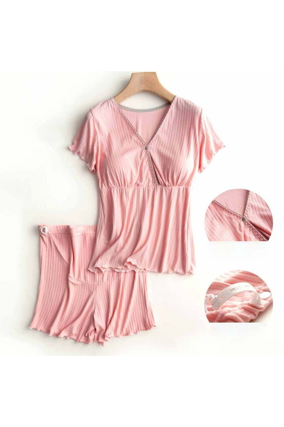 2 PCS Maternity Nursing Pajamas Set Postpartum Breastfeeding Short Sleeve Shirts, Pregnancy Blouse & Pants Pjs Pink M
